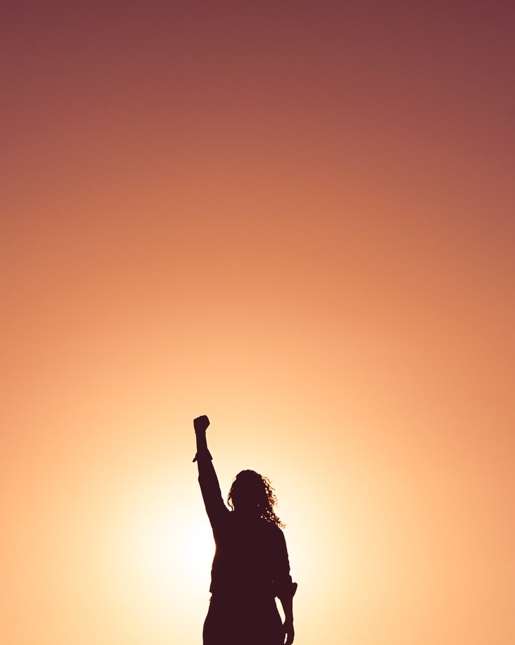 A silhouetted person raising a fist toward the sky