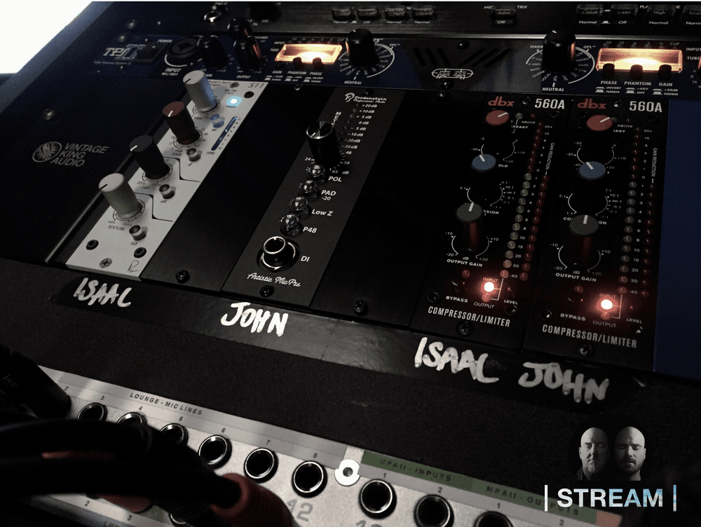 STREAM audiobook cover showing the studio mixing console used by John Klymshyn and Isaac Naor
